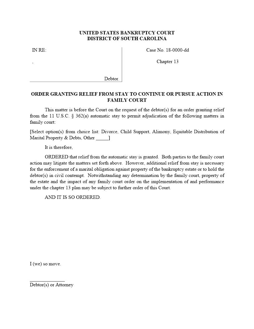 Order Granting Relief From Stay To Continue Or Pursue Action-Family Court | Pdf Fpdf Docx | South Carolina