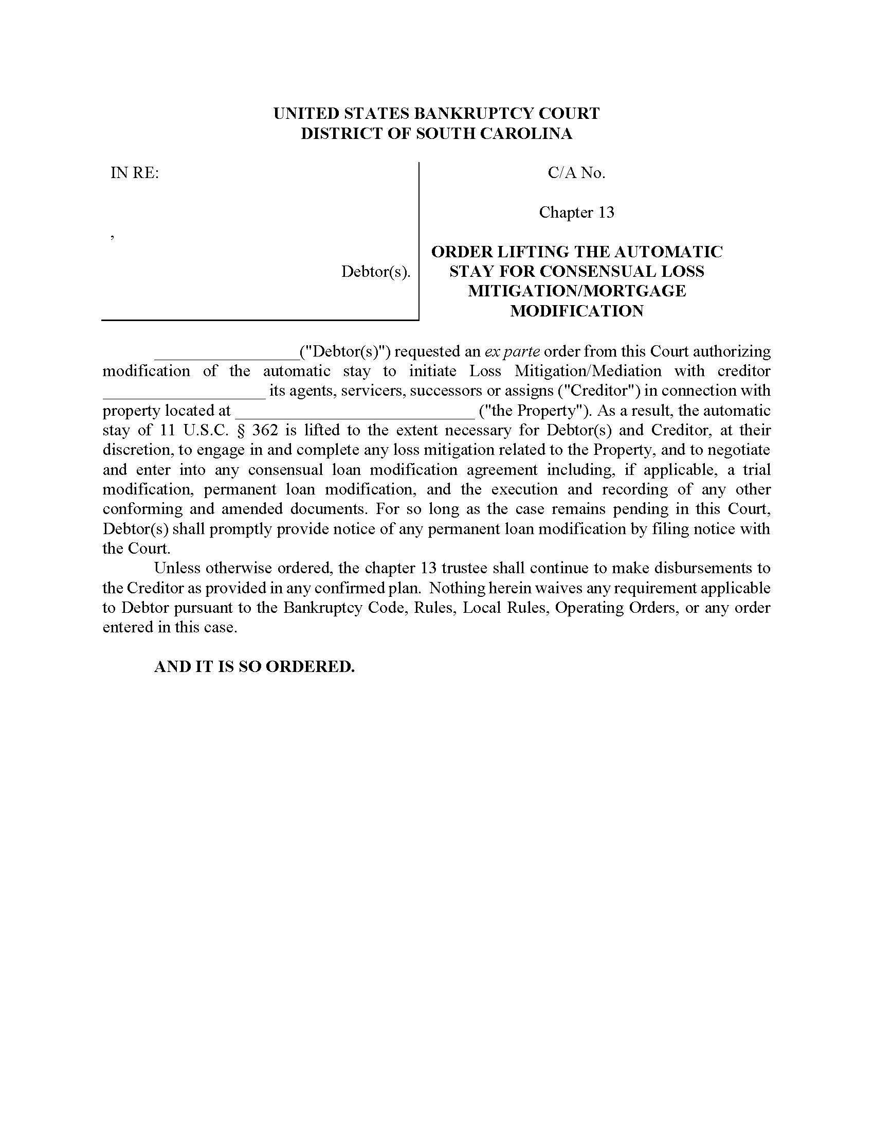 Order Lifting The Automatic Stay For Consensual Loss Mitigation Mortgage Modification (Ch13) | Pdf Fpdf Docx | South Carolina