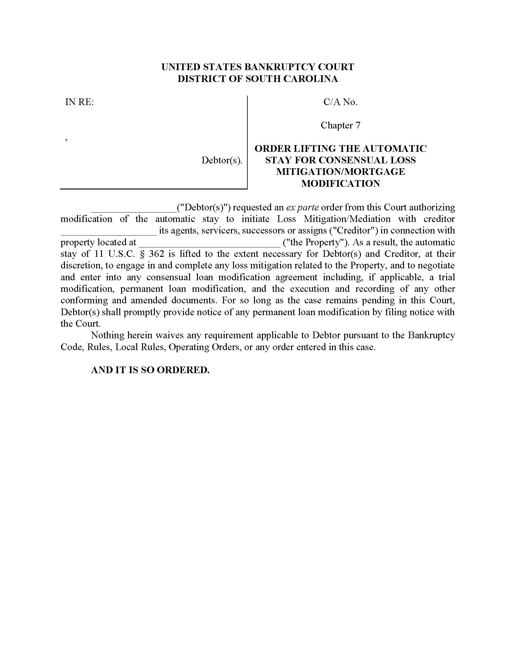 Order Lifting The Automatic Stay For Consensual Loss Mitigation Mortgage Modification (Ch7) | Pdf Fpdf Docx | South Carolina