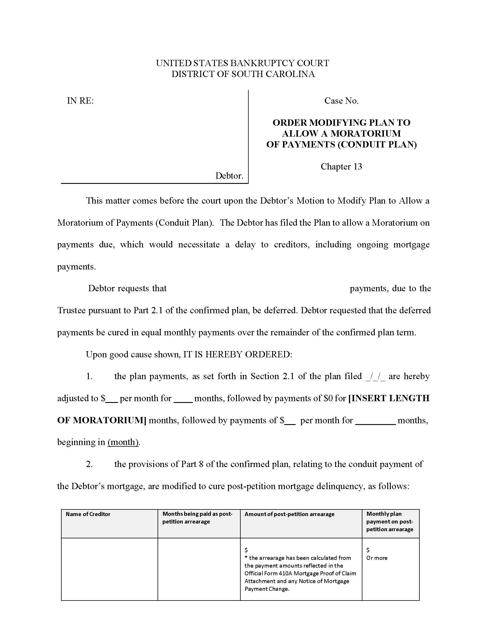 Order Modifying Plan To Allow A Moratorium Of Payments (Conduit Plan) | Pdf Fpdf Docx | South Carolina