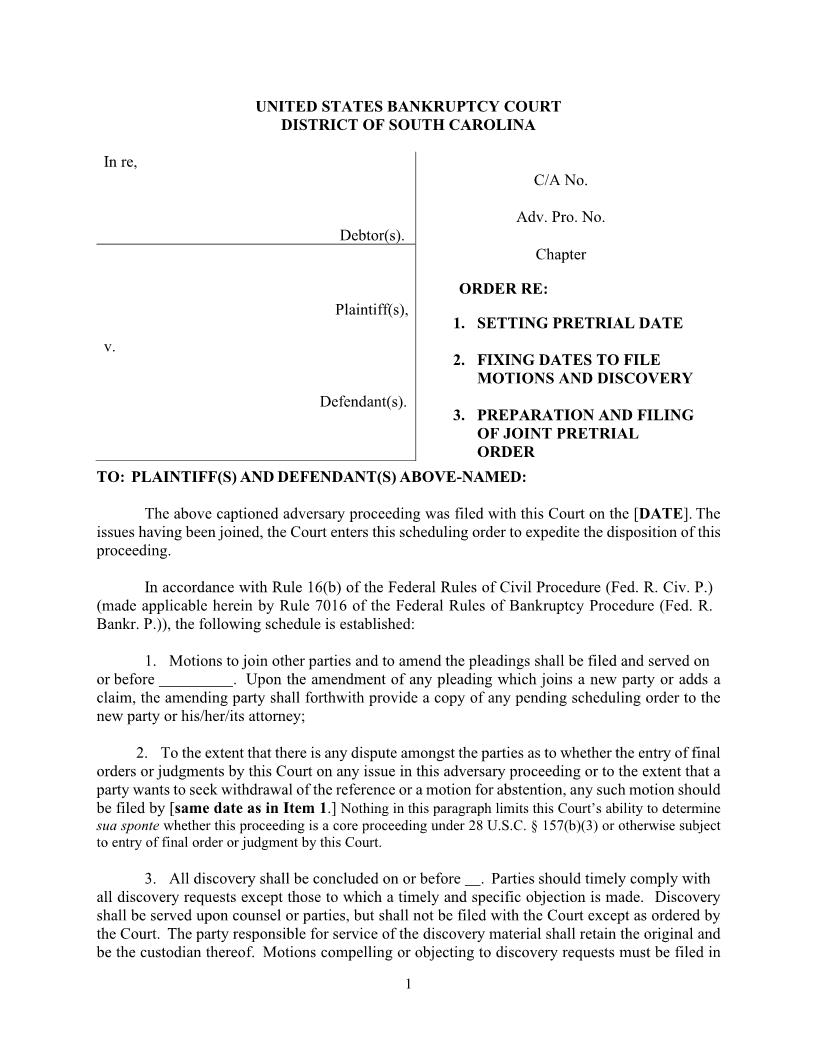 Scheduling Order | Pdf Fpdf Docx | South Carolina