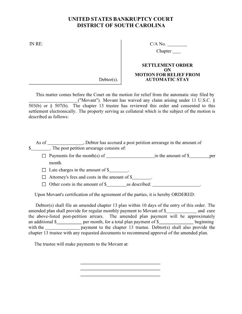 Settlement Order (Conduit) On Motion For Relief From Stay | Pdf Fpdf Docx | South Carolina