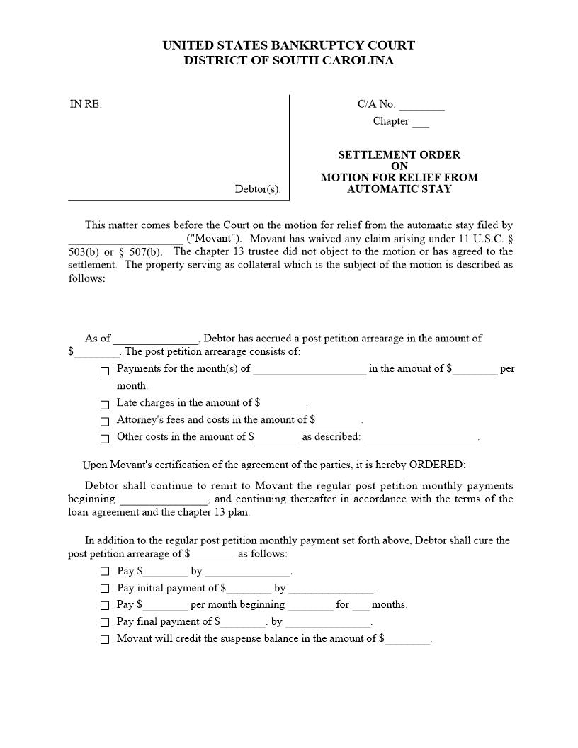 Settlement Order On Motion For Relief From (Automatic) Stay | Pdf Fpdf Docx | South Carolina