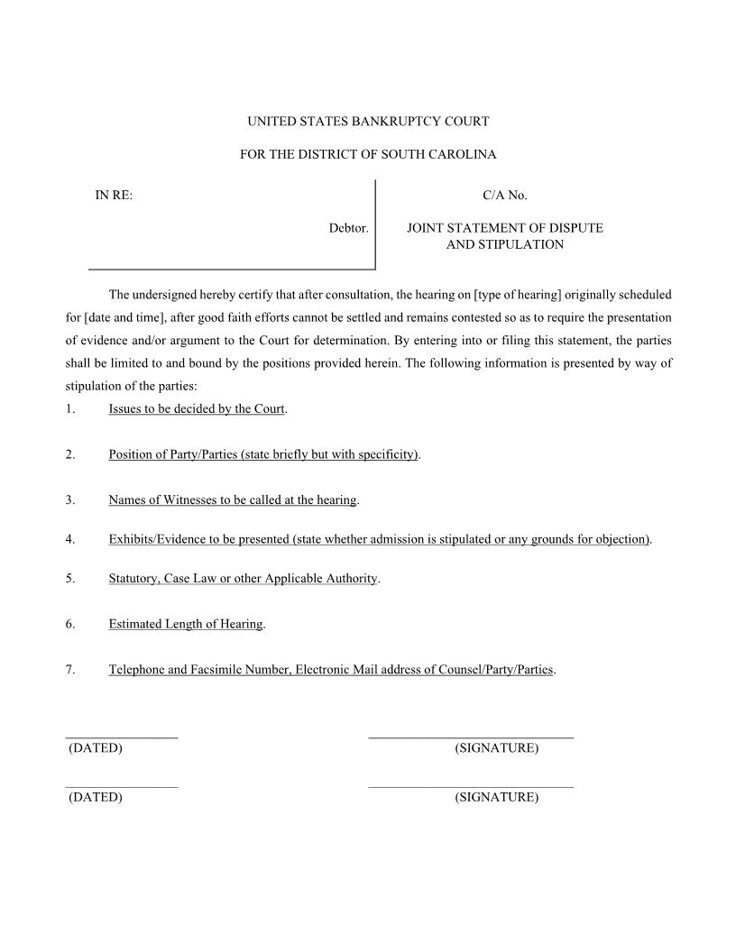 Statement Of Dispute (Joint Statement Of Dispute And Stipulation) | Pdf Fpdf Docx | South Carolina