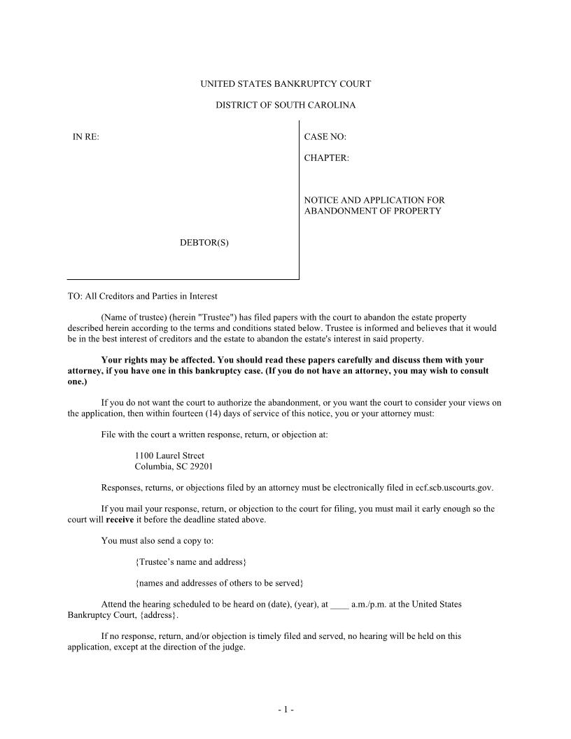 Abandonment Of Property (Notice And Application) | Pdf Fpdf Docx | South Carolina