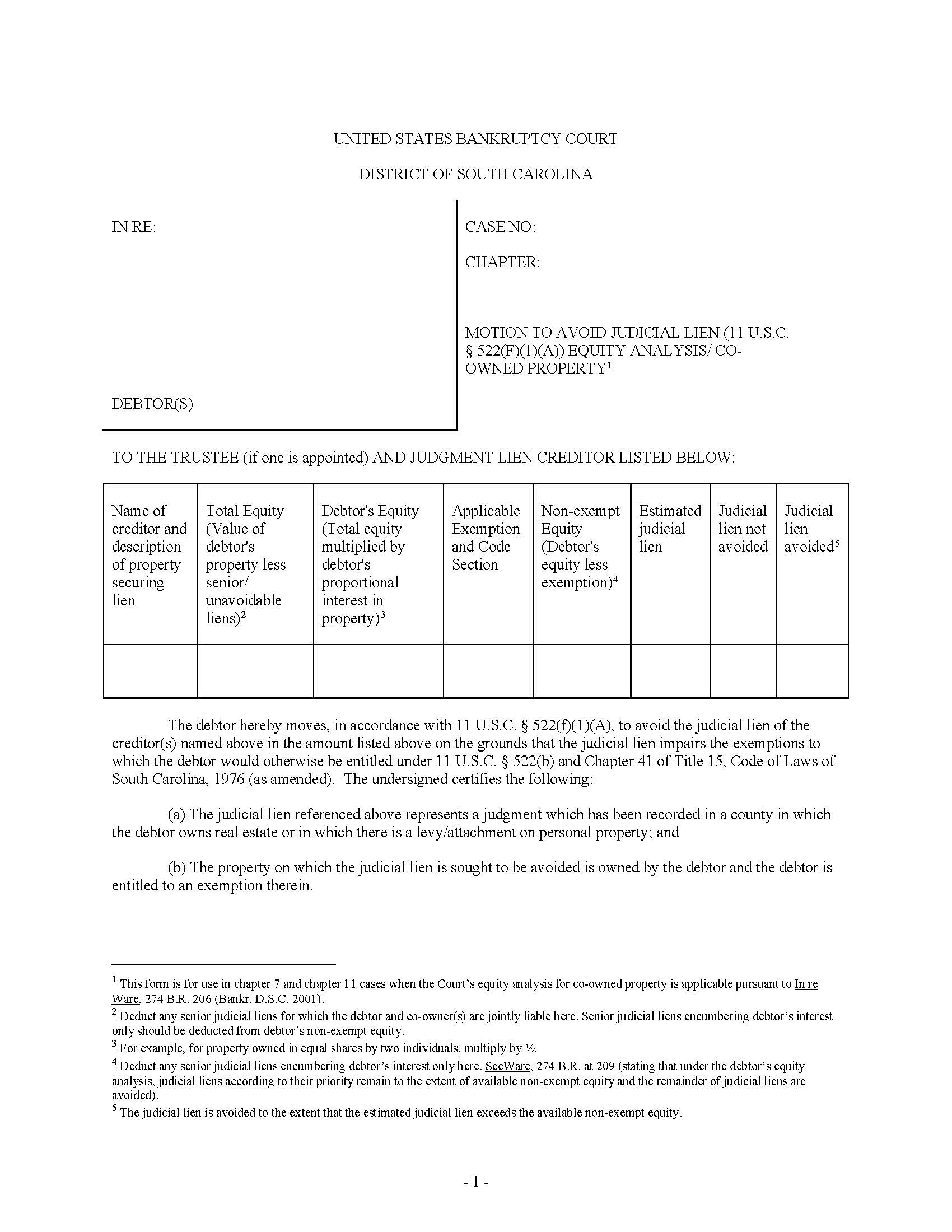 Avoid Judicial Lien (Motion For Co-Owned Property) | Pdf Fpdf Docx | South Carolina