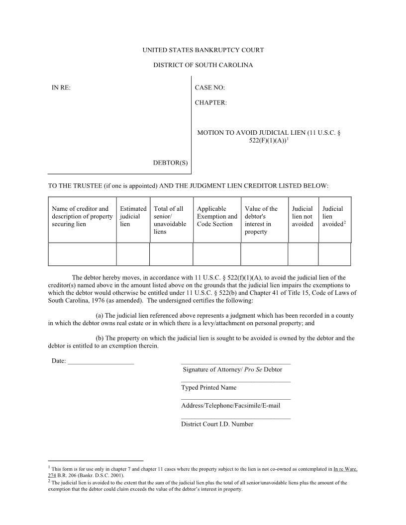 Avoid Judicial Lien (Motion) | Pdf Fpdf Docx | South Carolina