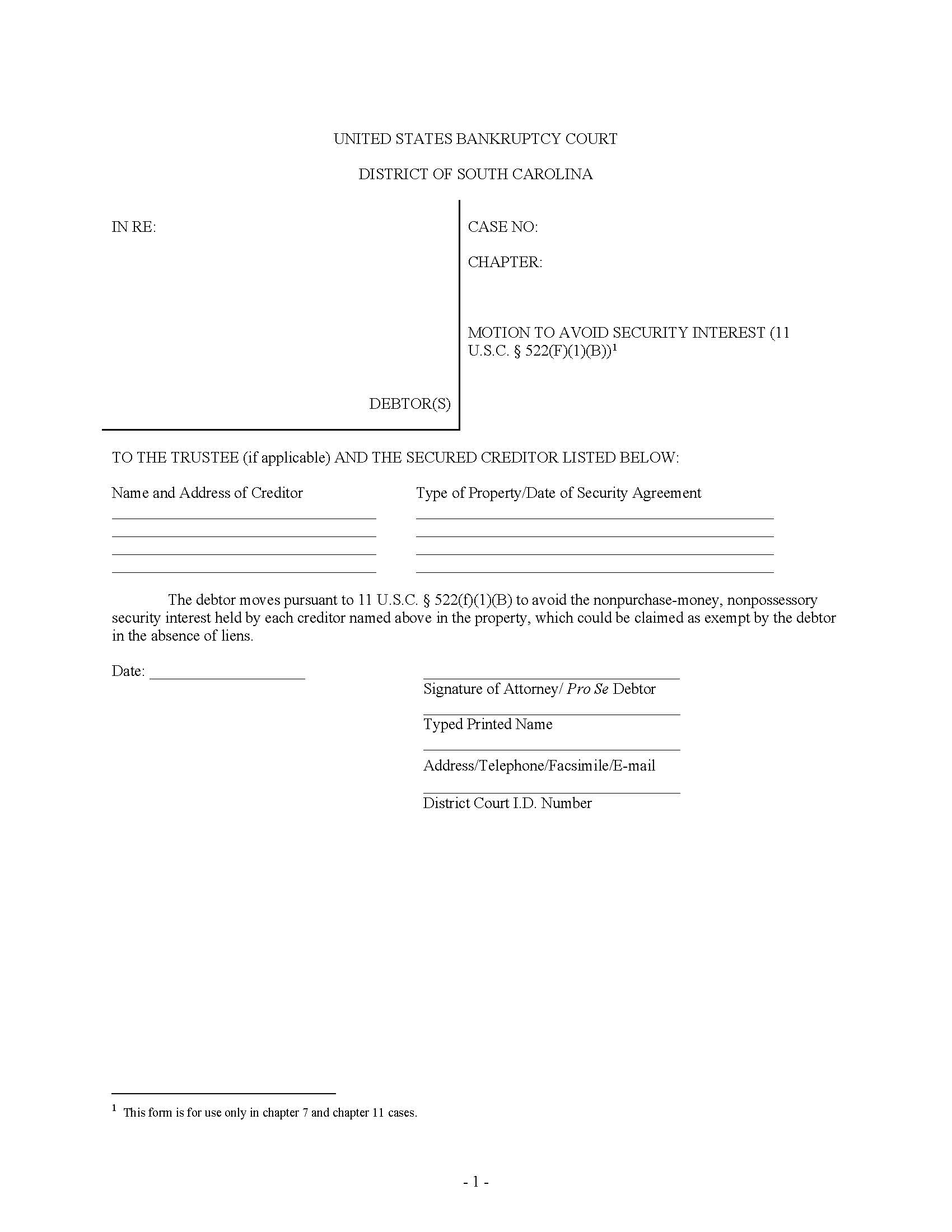 Avoid Security Interest (Motion) | Pdf Fpdf Docx | South Carolina