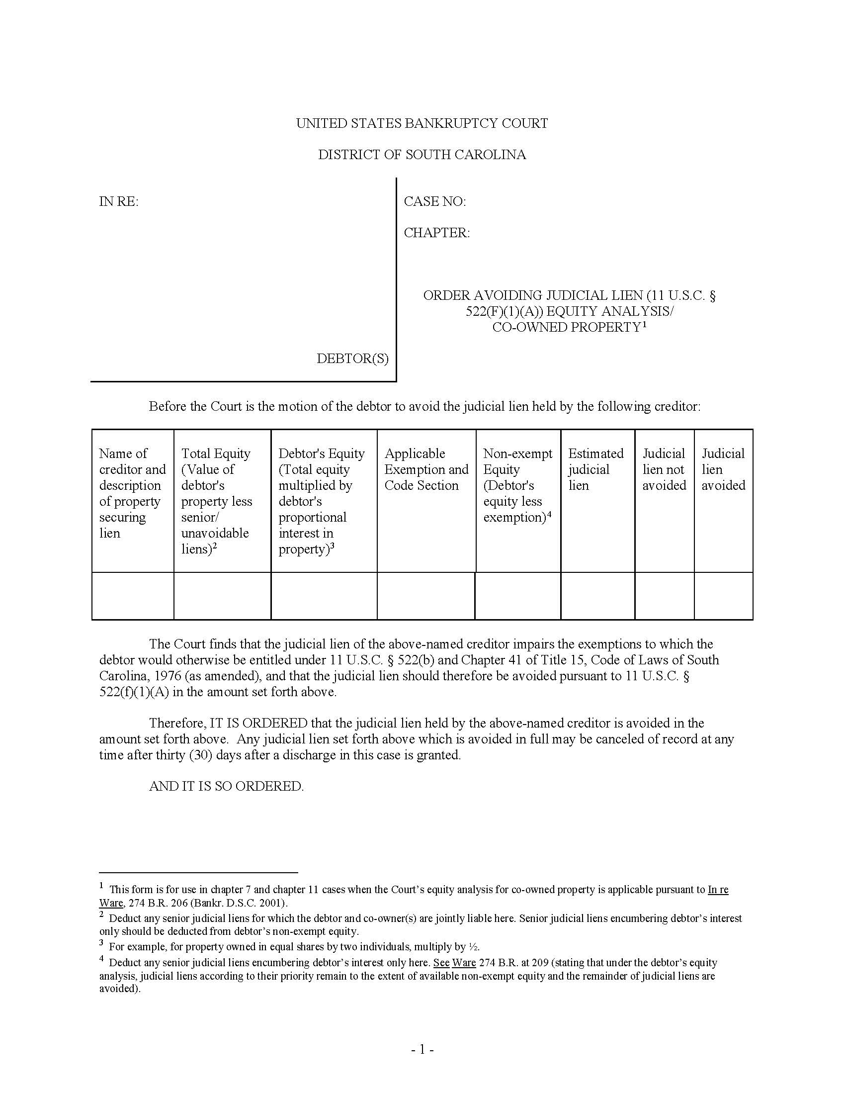 Avoiding Judicial Lien (Order For Co-Owned Property) | Pdf Fpdf Docx | South Carolina