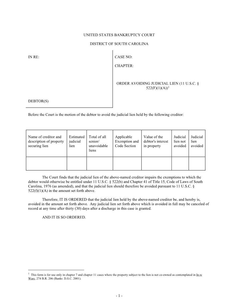 Avoiding Judicial Lien (Order) | Pdf Fpdf Docx | South Carolina