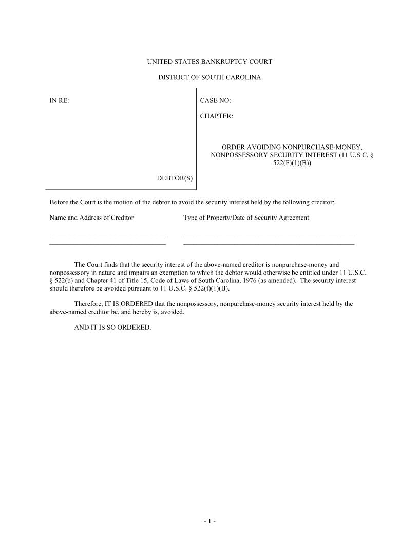 Avoiding Nonpurchase Money Nonpossessory Security Interest (Order) | Pdf Fpdf Docx | South Carolina