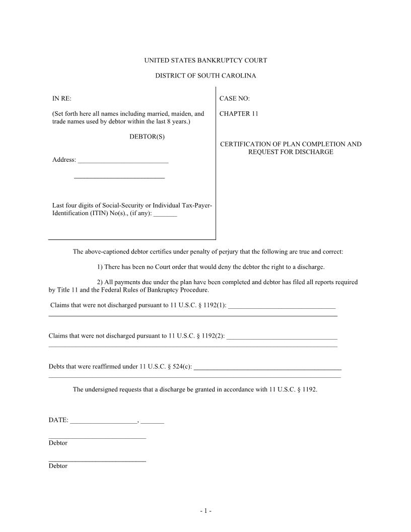Certification Of Plan Completion And Request For Discharge (Chapter 11 Subchapter V) | Pdf Fpdf Docx | South Carolina