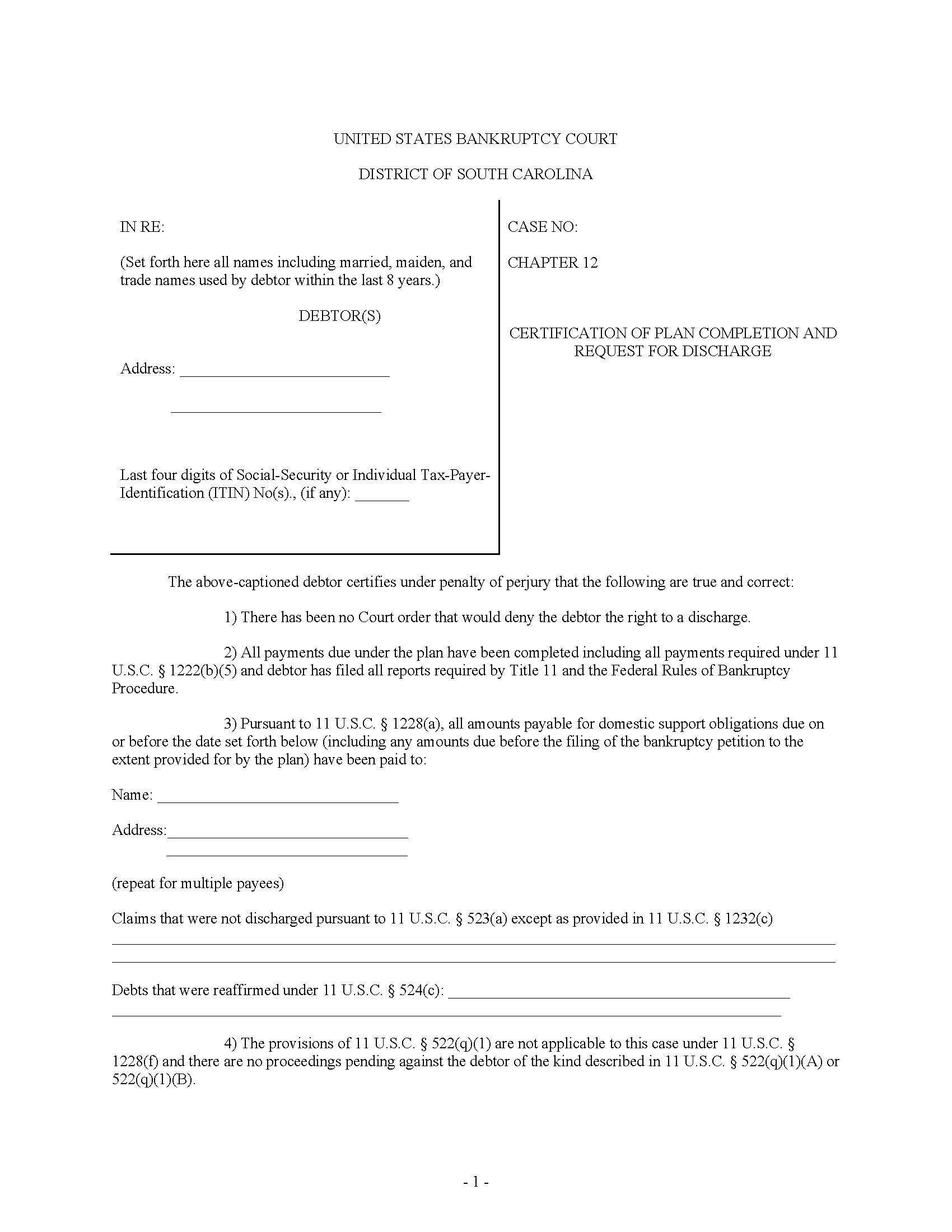 Certification Of Plan Completion And Request For Discharge (Chapter 12) | Pdf Fpdf Docx | South Carolina