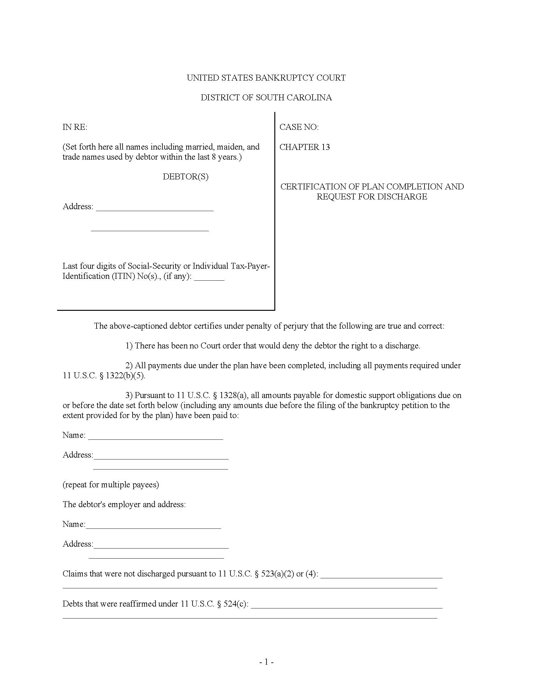 Certification Of Plan Completion And Request For Discharge (Chapter 13) | Pdf Fpdf Docx | South Carolina