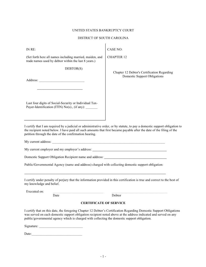 Certification Regarding Domestic Support Obligations (Chapter 12) | Pdf Fpdf Docx | South Carolina