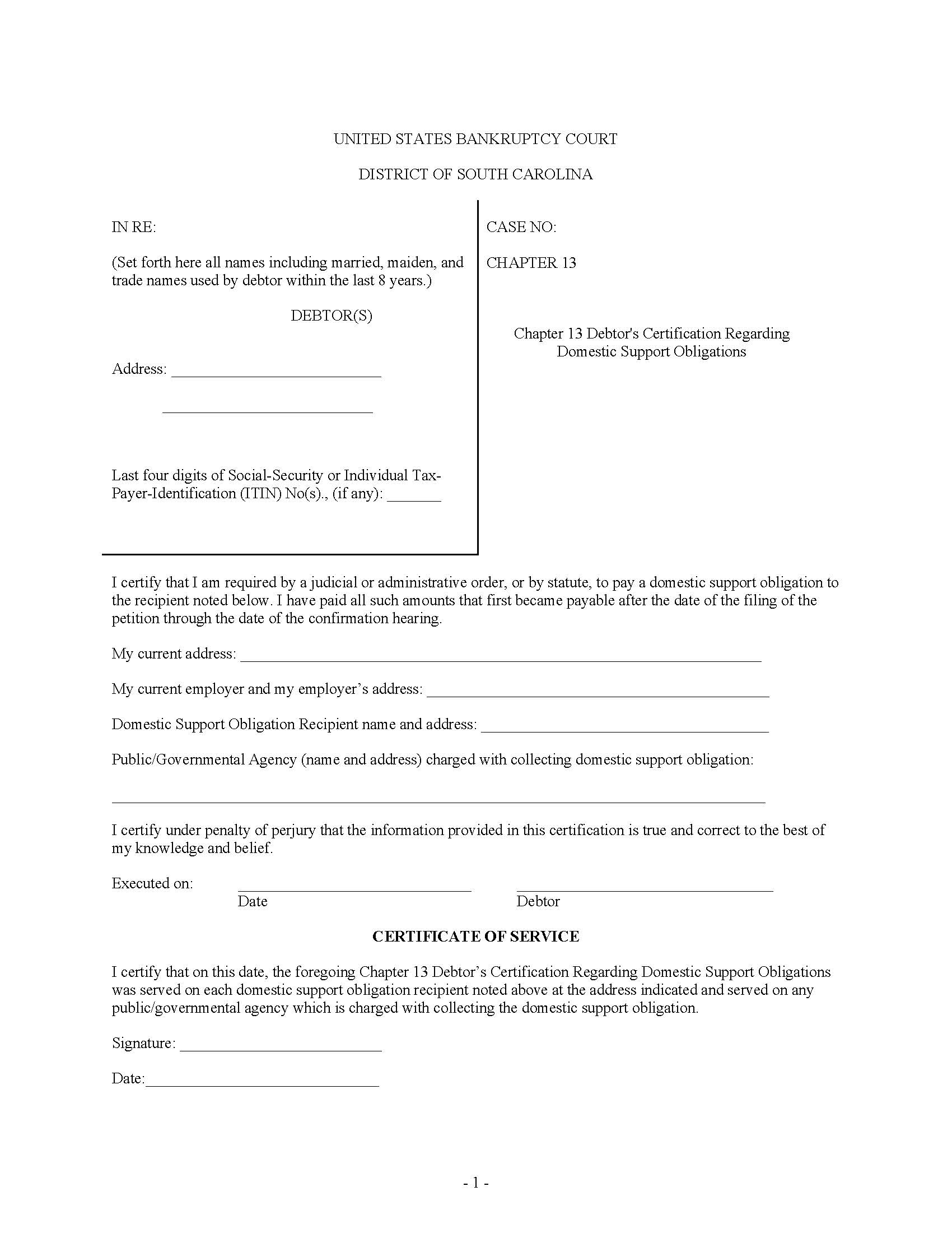 Certification Regarding Domestic Support Obligations (Chapter 13) | Pdf Fpdf Docx | South Carolina