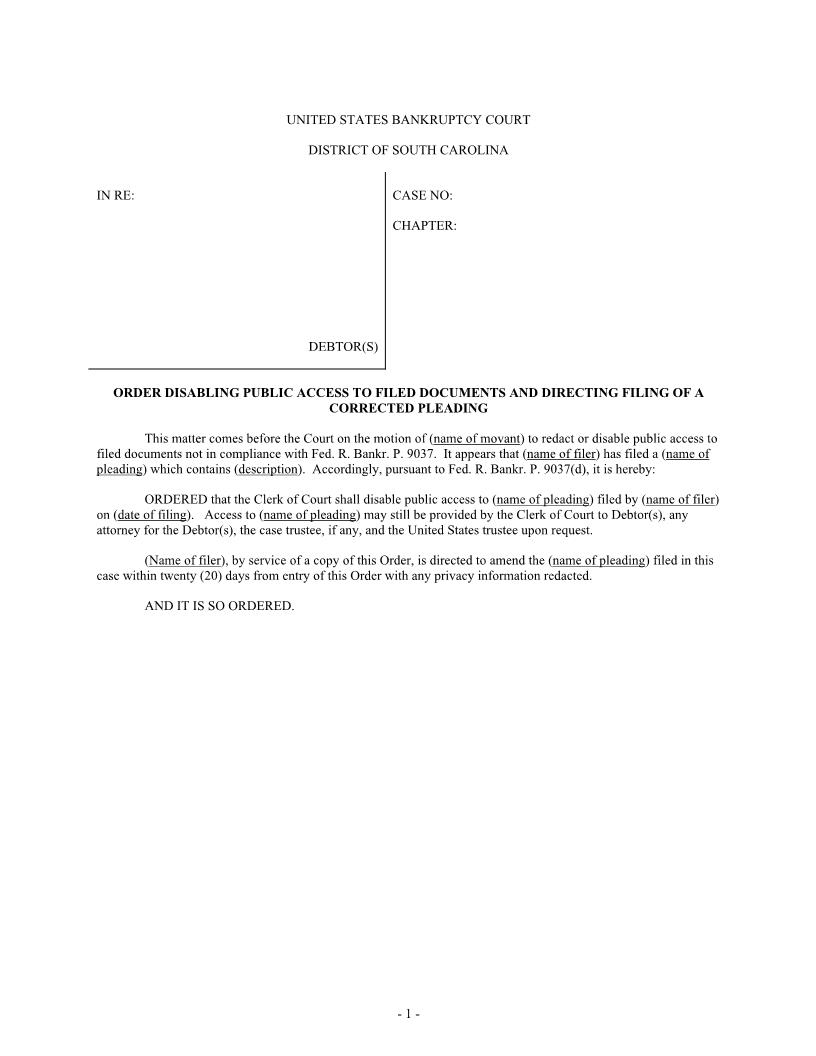 Disabling Public Access (Order On Motion Of Non-Filer) | Pdf Fpdf Docx | South Carolina