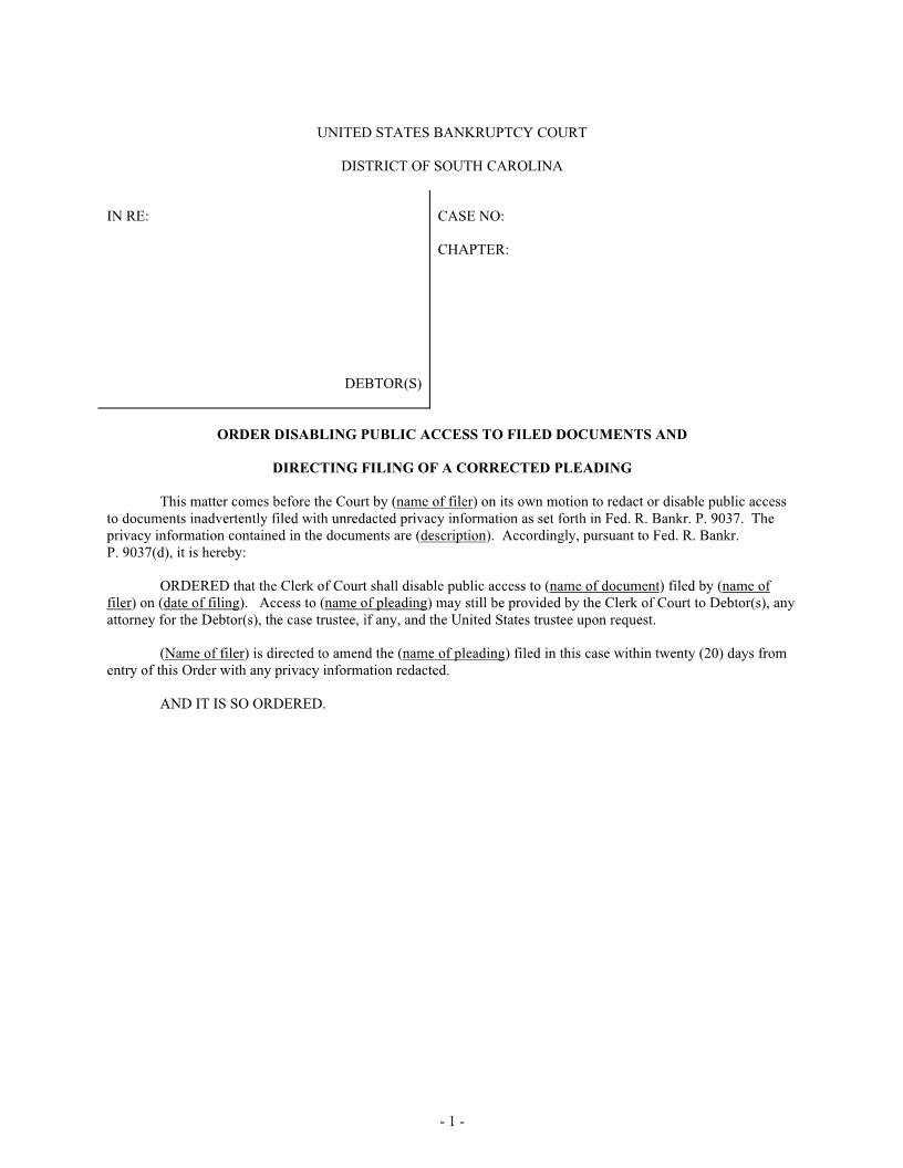 Disabling Public Access (Order On Motion Of The Filer) | Pdf Fpdf Docx | South Carolina