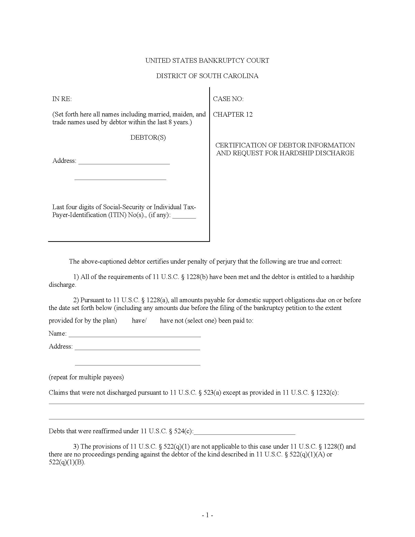 Hardship Discharge (Chapter 12 Certification Of Debtor Information And Request) | Pdf Fpdf Docx | South Carolina