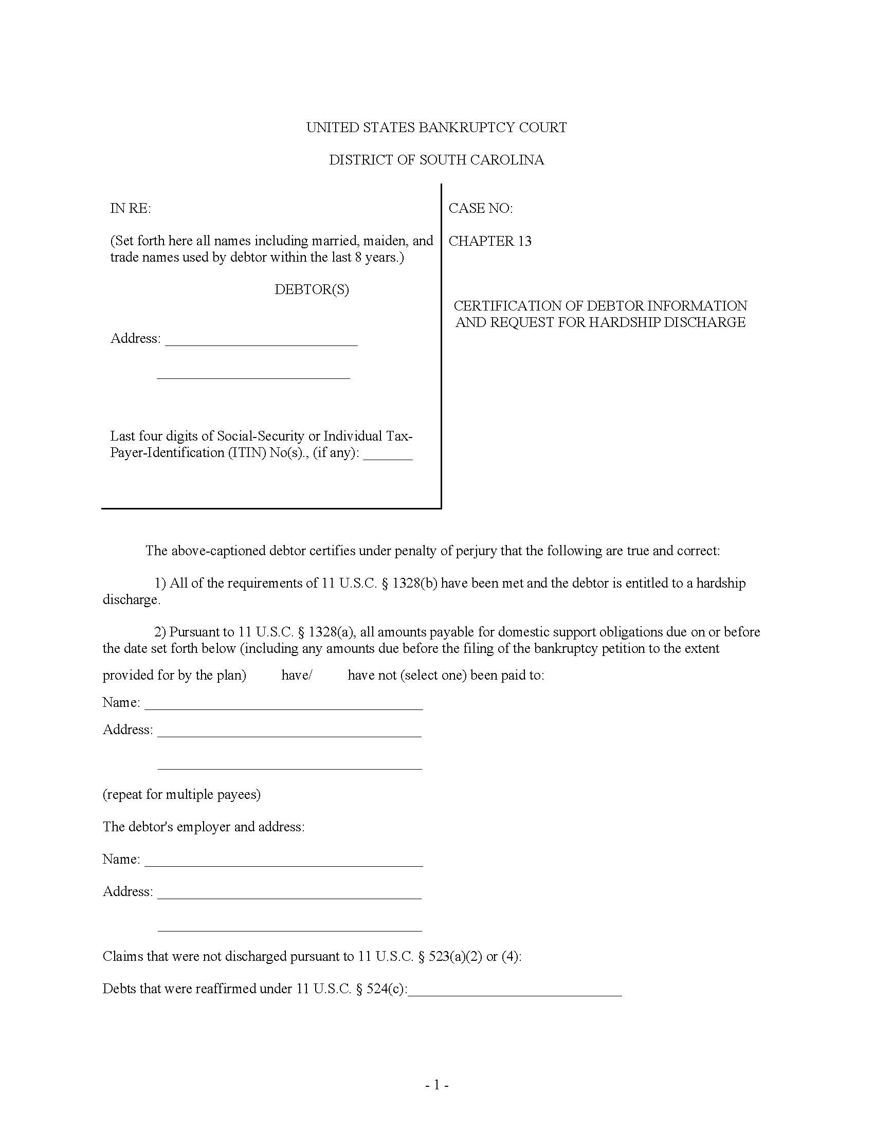 Hardship Discharge (Chapter 13 Certification Of Debtor Information And Request) | Pdf Fpdf Docx | South Carolina