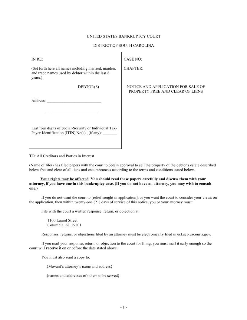 Hearing Notice (Application For Sale Of Property Free And Clear Of Liens) | Pdf Fpdf Docx | South Carolina