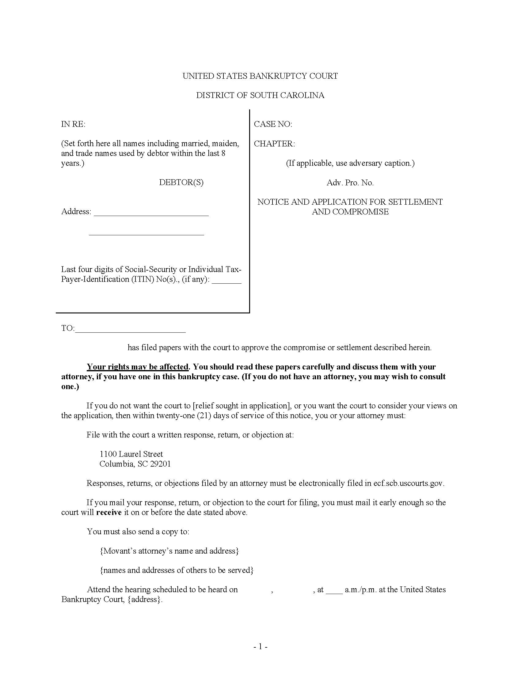 Hearing Notice (Application For Settlement And Compromise) | Pdf Fpdf Docx | South Carolina