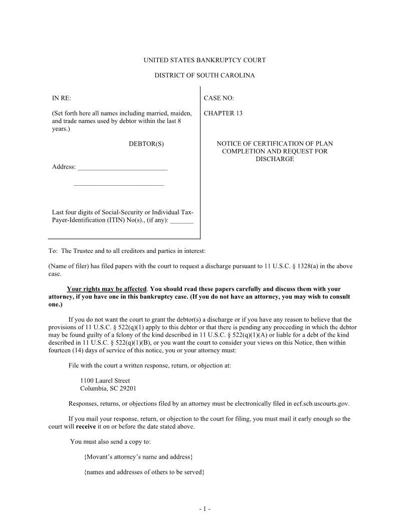 Hearing Notice (Certification Of Chapter 13 Plan Completion And Request For Discharge) | Pdf Fpdf Docx | South Carolina