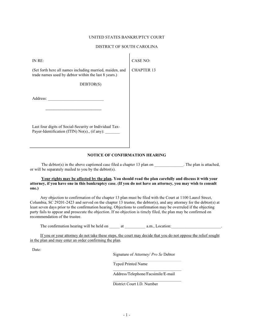 Hearing Notice (Chapter 13 Confirmation) | Pdf Fpdf Docx | South Carolina
