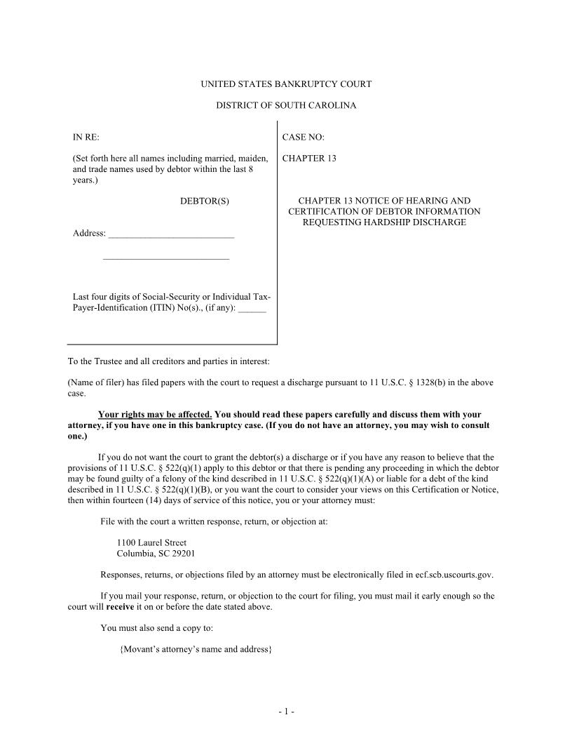 Hearing Notice (Chapter 13 Hardship Discharge) | Pdf Fpdf Docx | South Carolina