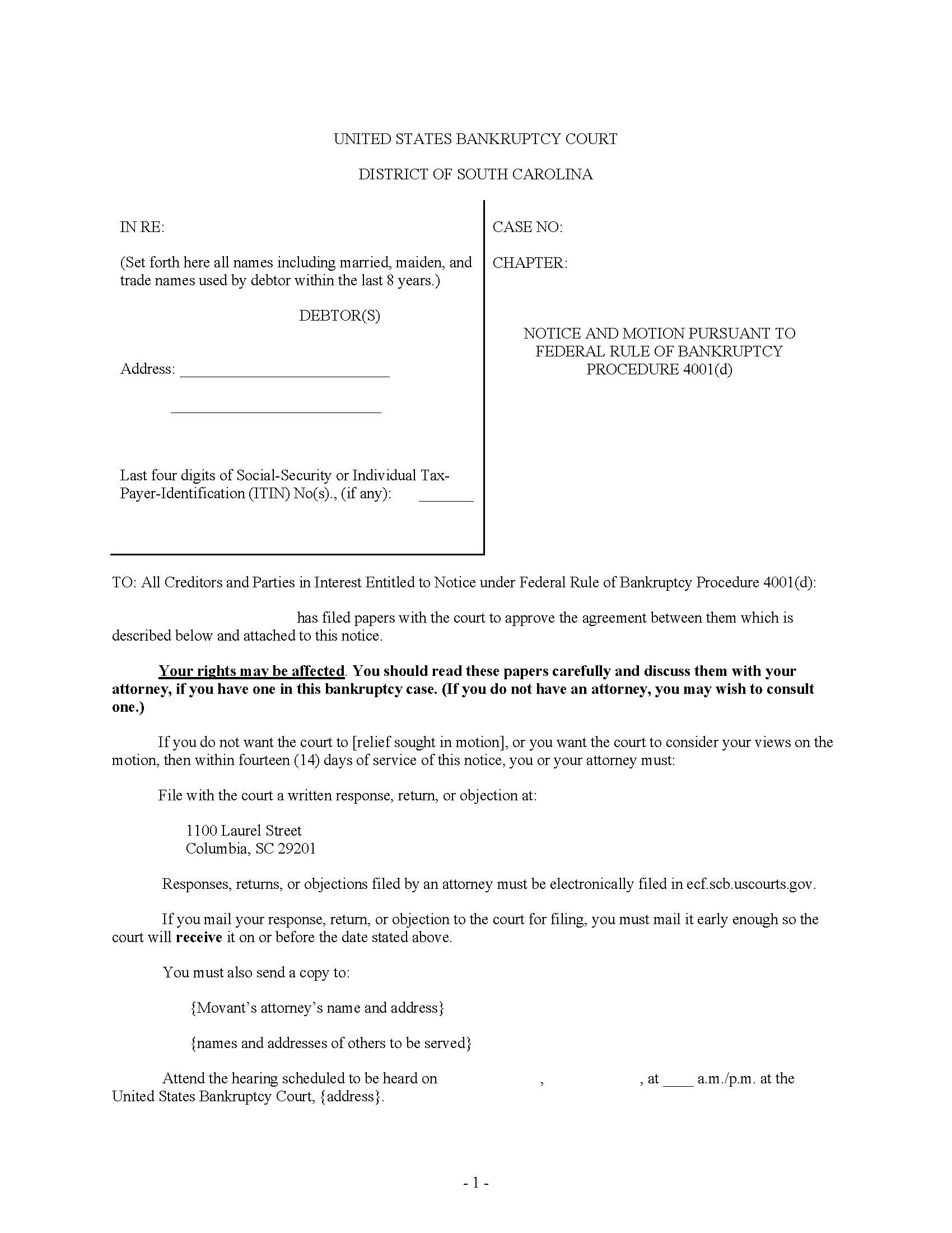 Hearing Notice (Motion Pursuant To Federal Rule of Bankruptcy Procedure 4001(d)) | Pdf Fpdf Docx | South Carolina