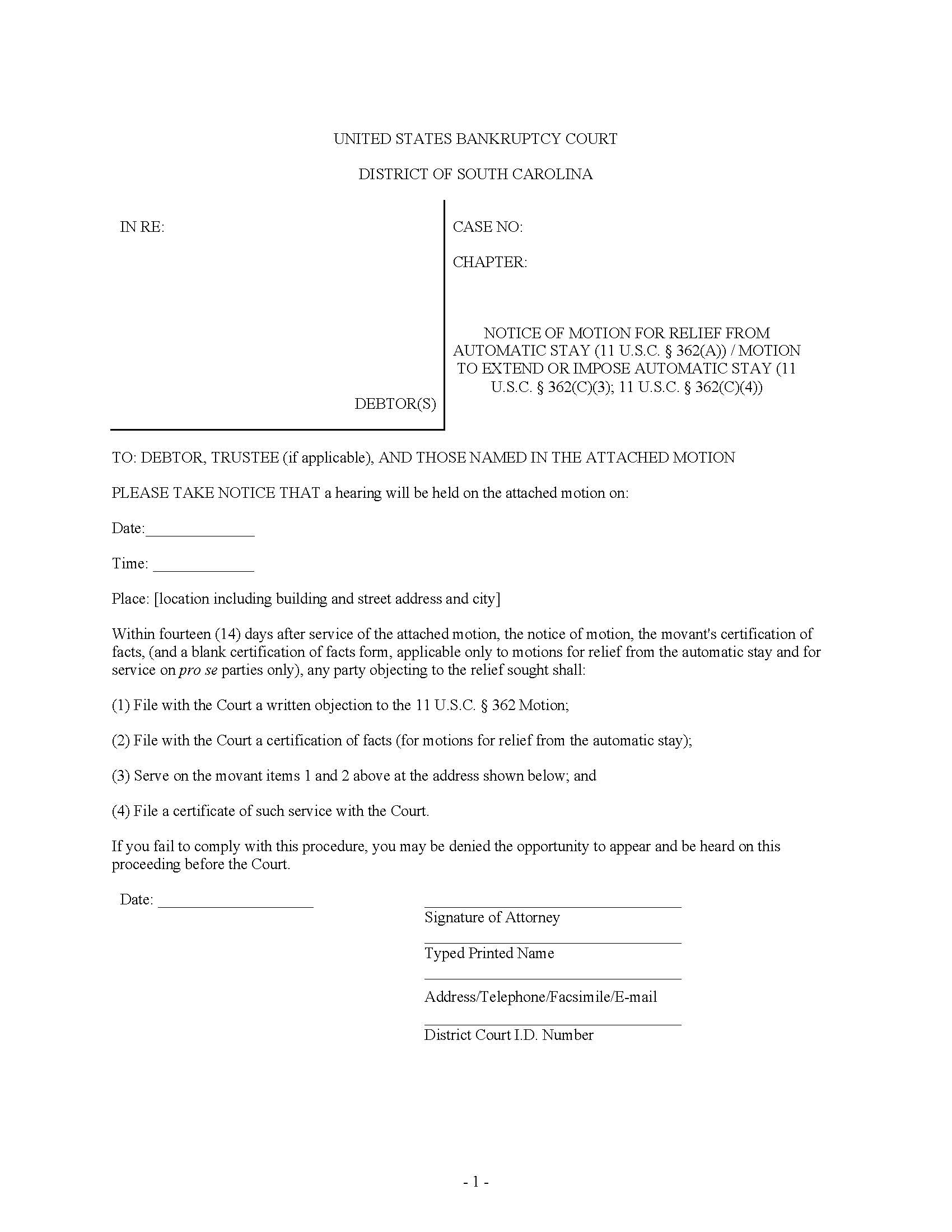 Hearing Notice (Motion for Relief From or to Extend or Impose the Automatic Stay) | Pdf Fpdf Docx | South Carolina