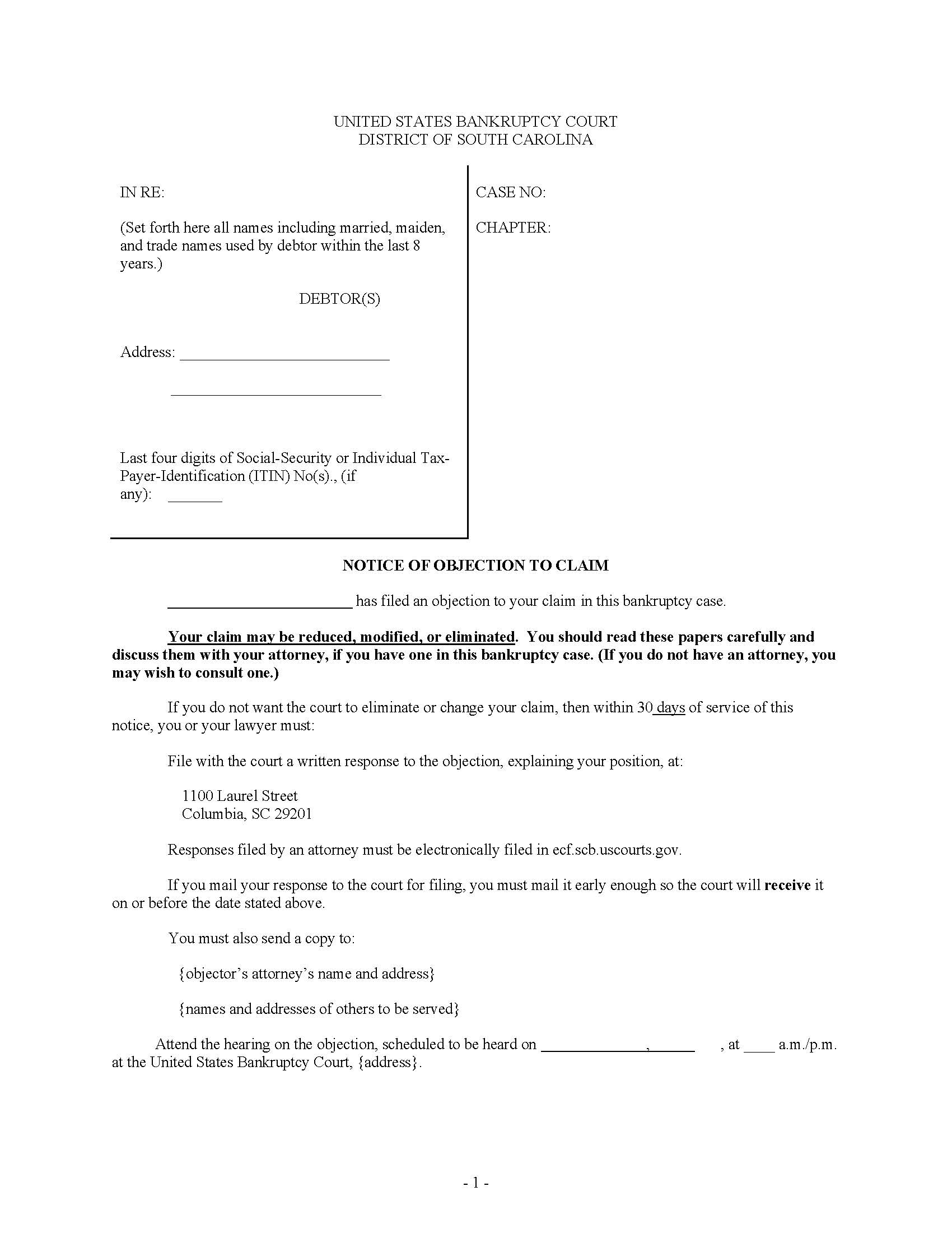 Hearing Notice (Objection To Claim) | Pdf Fpdf Docx | South Carolina