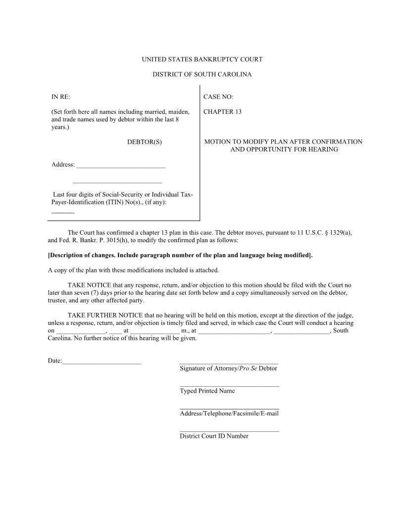 Modify Chapter 13 Plan After Confirmation (Notice And Motion) | Pdf Fpdf Docx | South Carolina