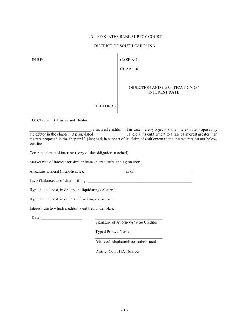 Objection And Certification Of Interest Rate (Chapter 13) | Pdf Fpdf Docx | South Carolina