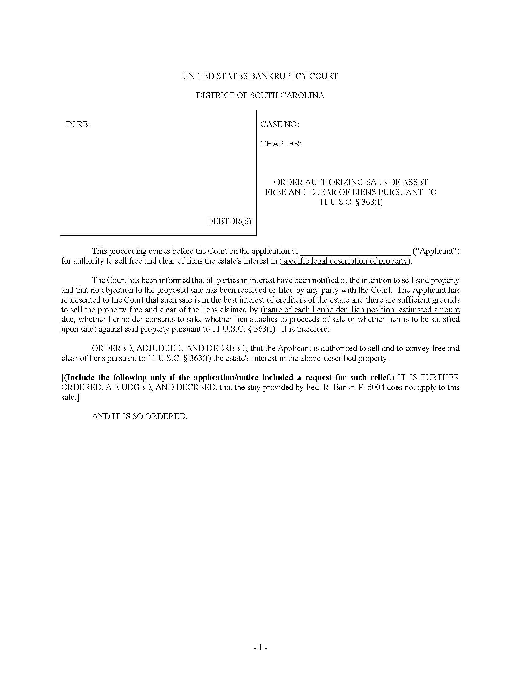 Order Authorizing Sale Of Asset Free And Clear Pursuant To 11 USC 363(f) | Pdf Fpdf Docx | South Carolina