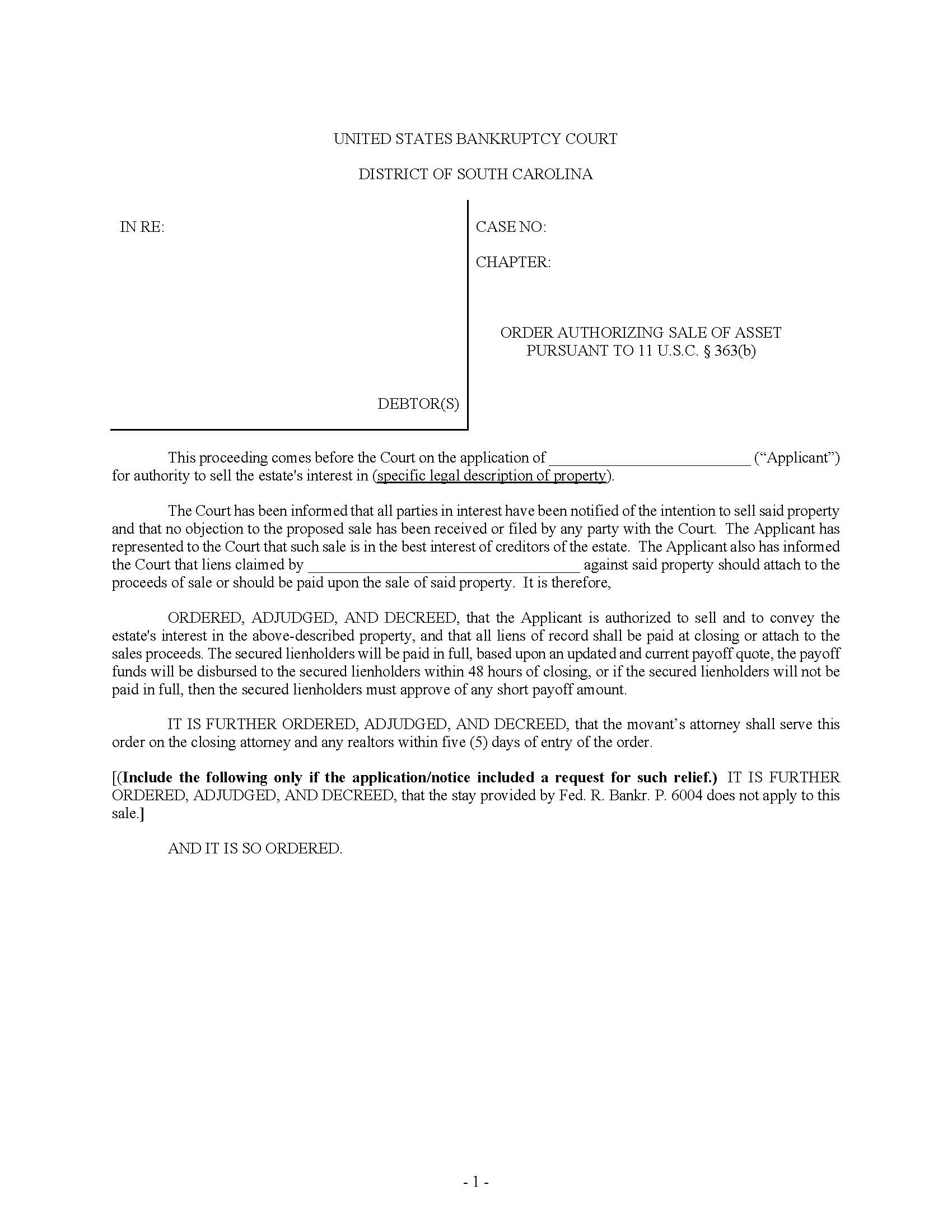 Order Authorizing Sale Of Asset Pursuant To 11 USC 363(b) | Pdf Fpdf Docx | South Carolina
