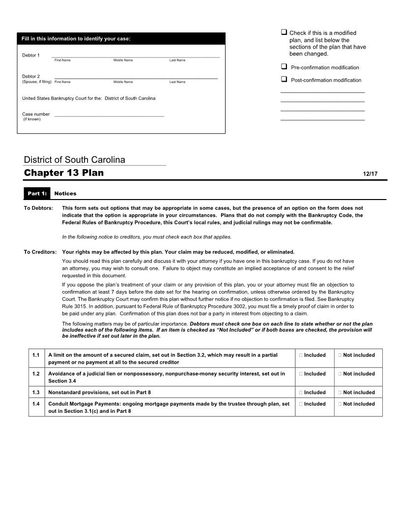 Plan (Chapter 13) (For Cases Filed Between May 1 2019-April 30 2022) | Pdf Fpdf Docx | South Carolina
