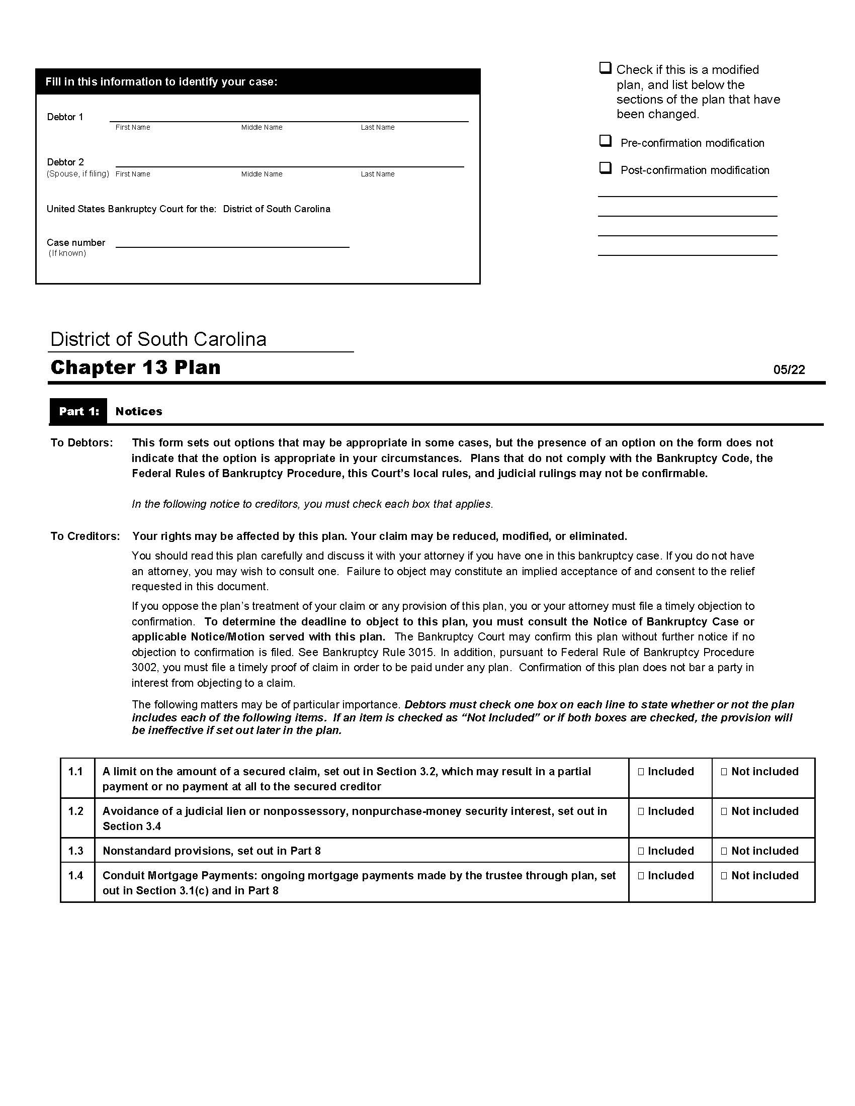 Plan (Chapter 13) (For Cases Filed Between May 1 2022-November 30 2023) | Pdf Fpdf Docx | South Carolina