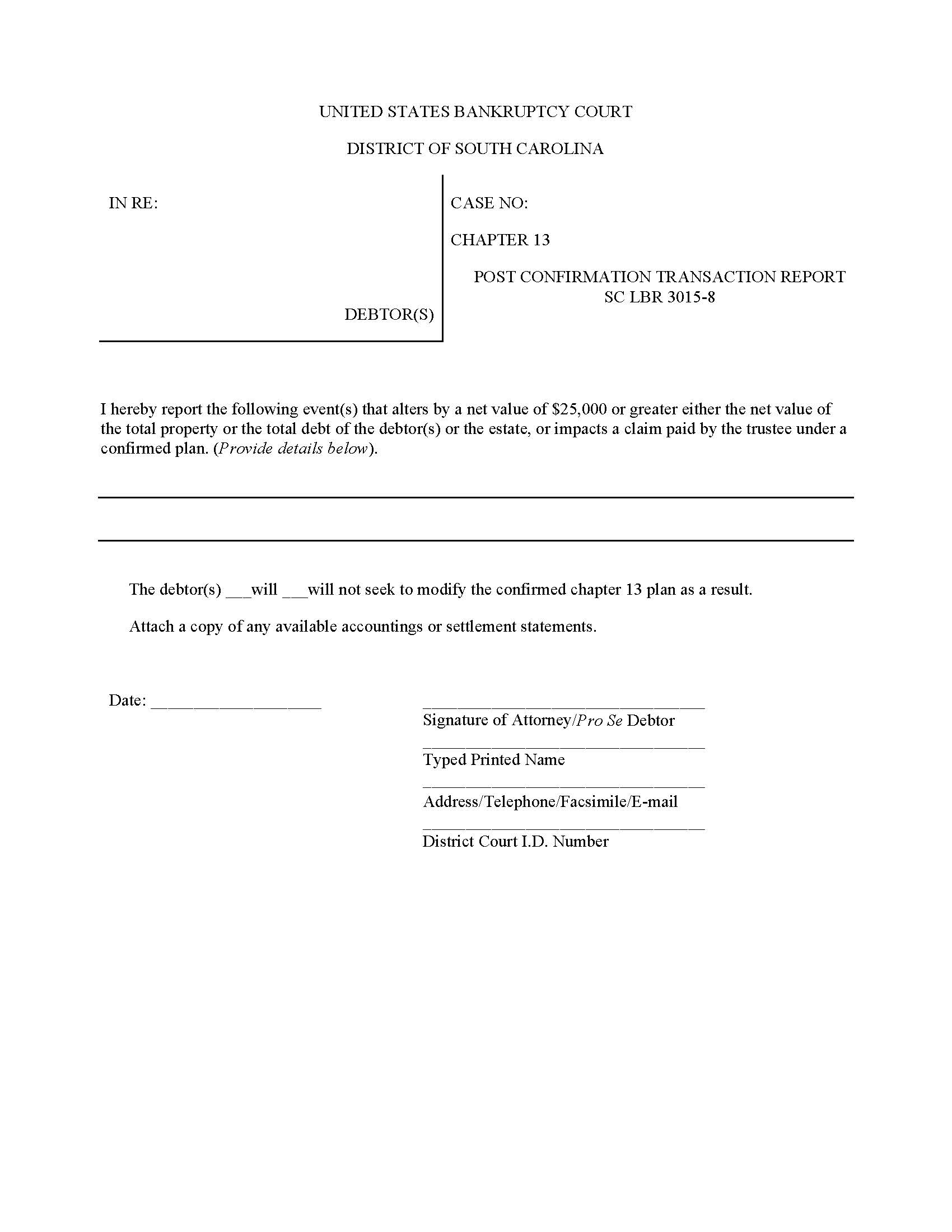 Post Confirmation Transaction Report SC LBR 3015-8 | Pdf Fpdf Docx | South Carolina
