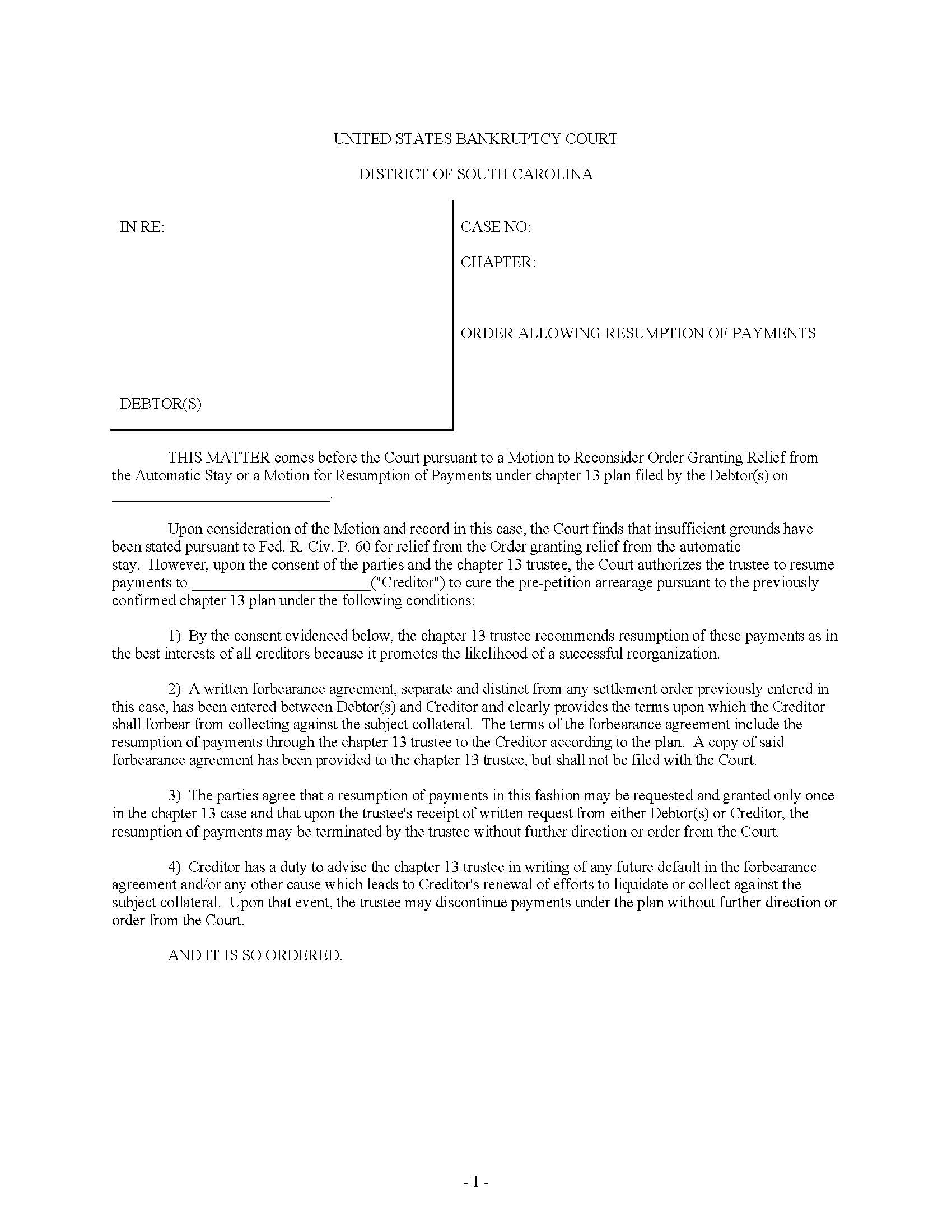 Resumption Of Payments (Order) | Pdf Fpdf Docx | South Carolina