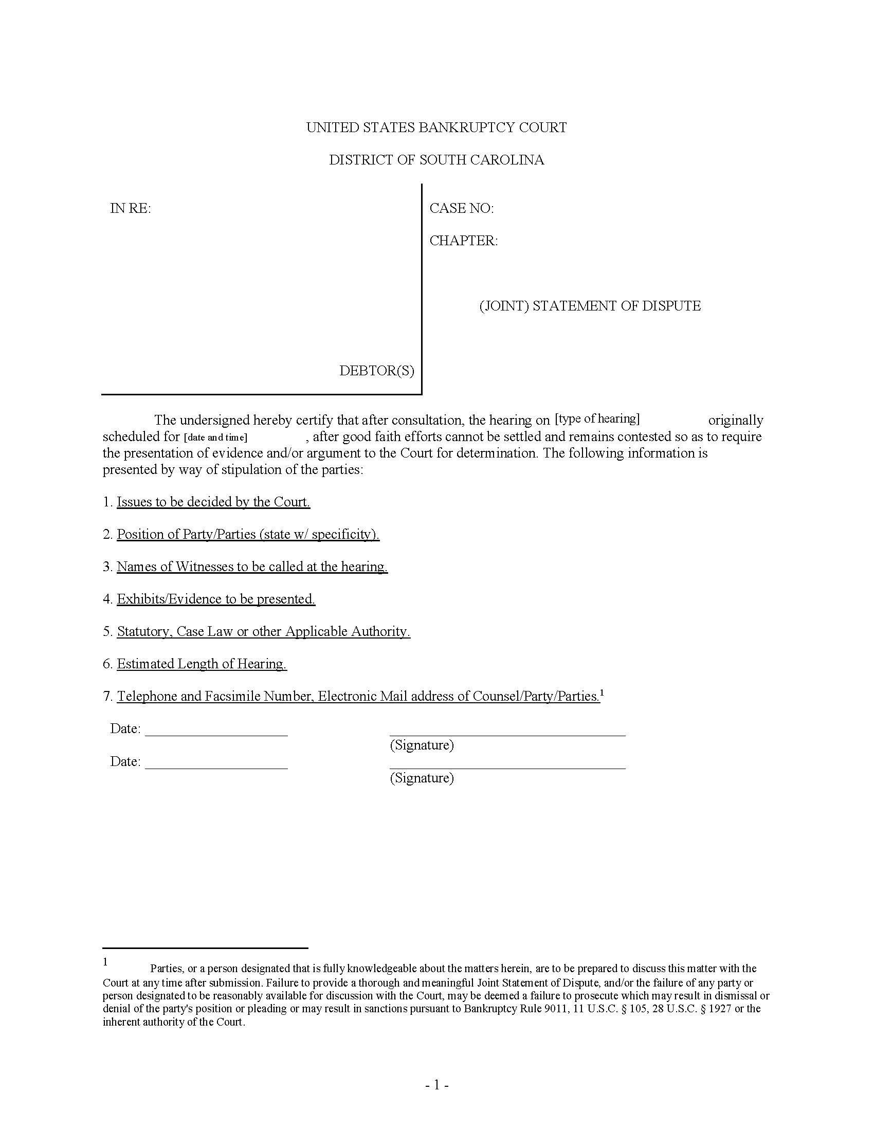 Statement Of Dispute | Pdf Fpdf Docx | South Carolina