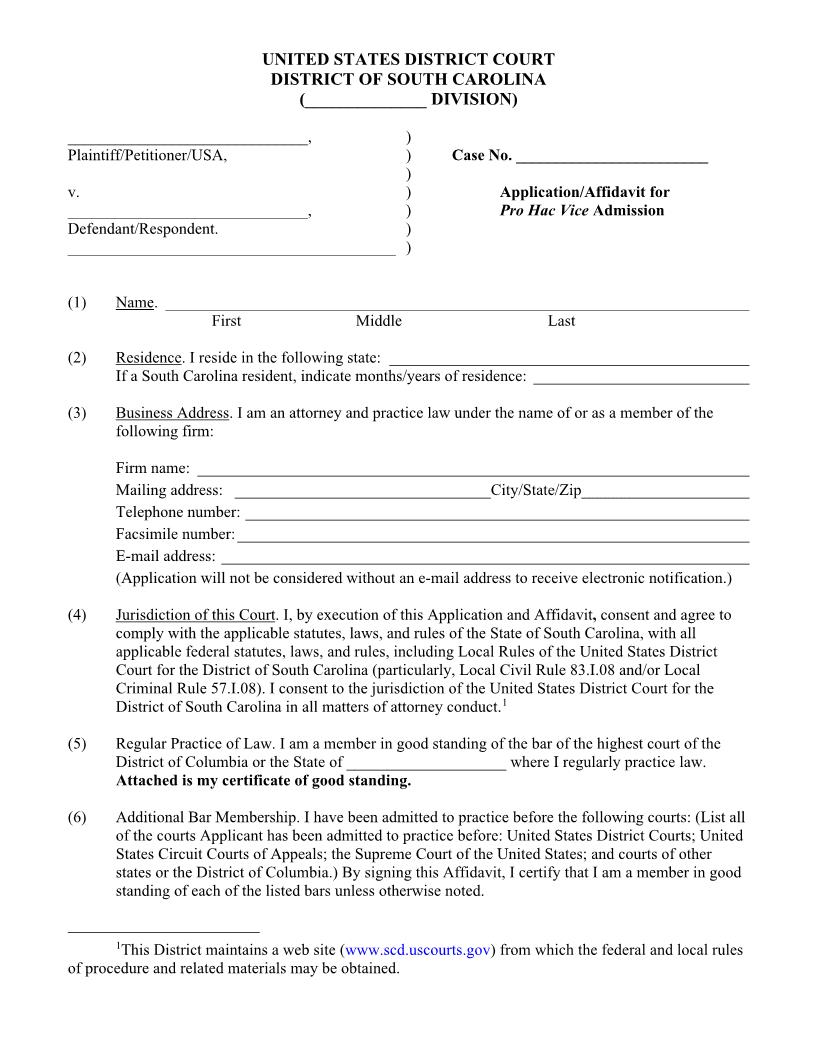 Pro Hac Vice Application | Pdf Fpdf Docx | South Carolina
