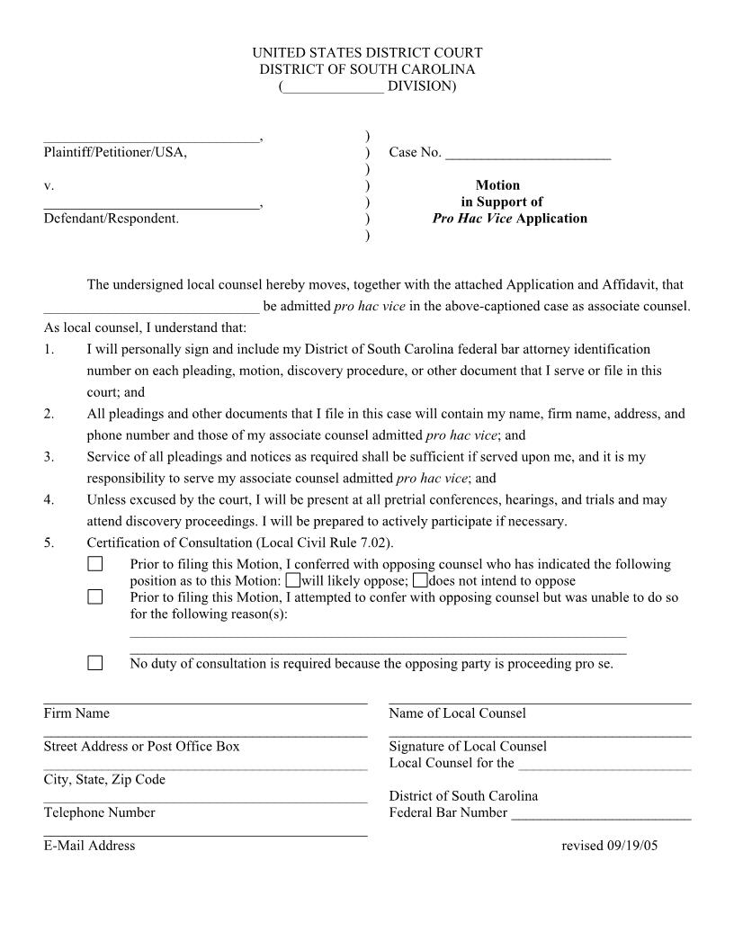 Pro Hac Vice Motion In Support | Pdf Fpdf Docx | South Carolina