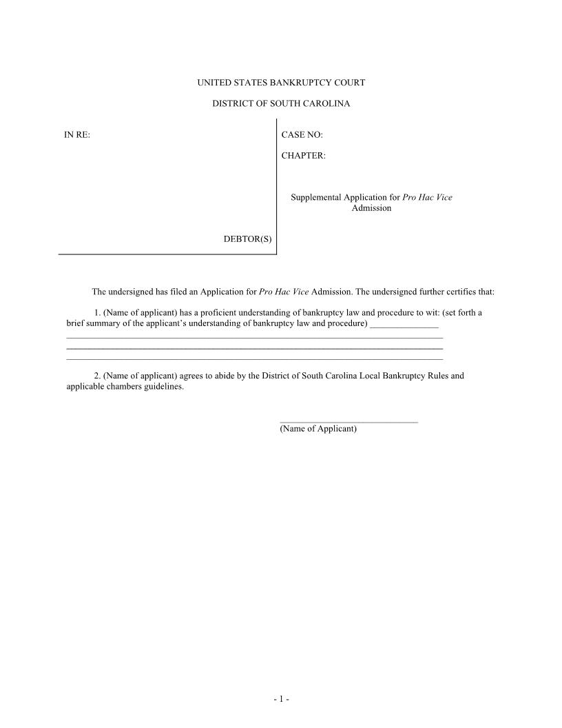 Supplemental Application For Pro Hac Vice Admission | Pdf Fpdf Docx | South Carolina