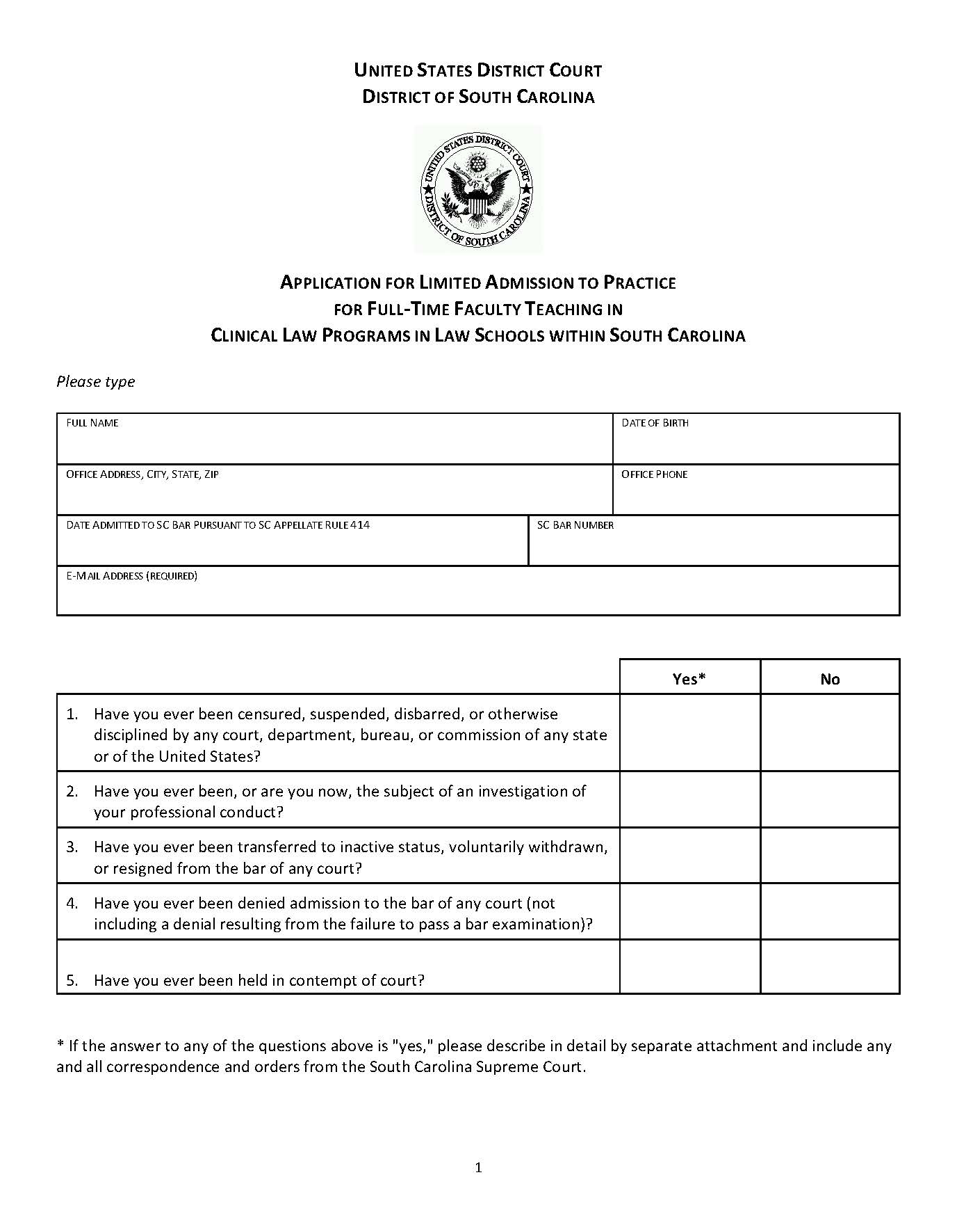 Application For Limited Admission To Practice | Pdf Fpdf Docx | South Carolina