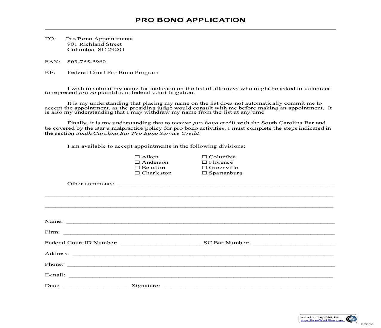 Pro Bono Application | Pdf Fpdf Doc Docx | South Carolina