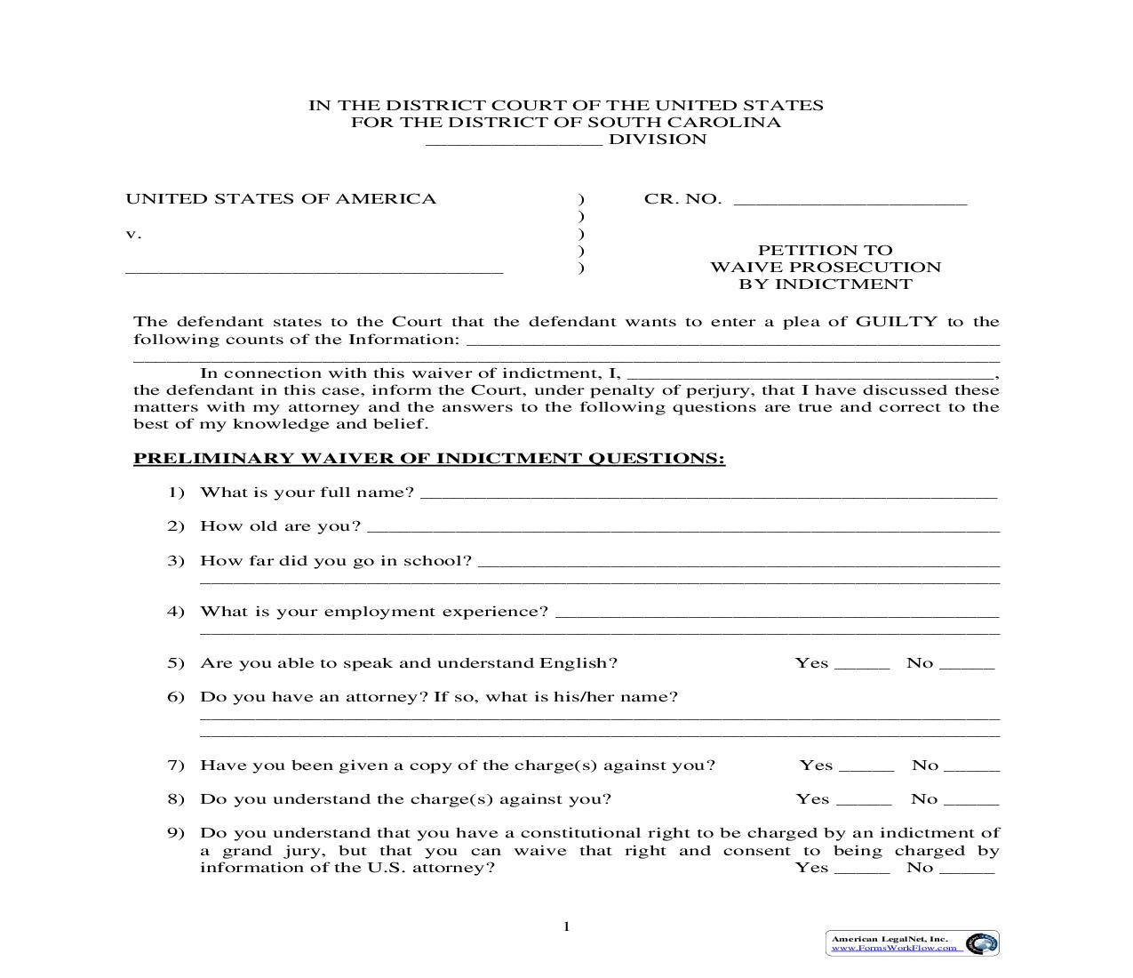 Petition To Waive Prosecution By Indictment (Preliminary Questions) | Pdf Fpdf Doc Docx | South Carolina