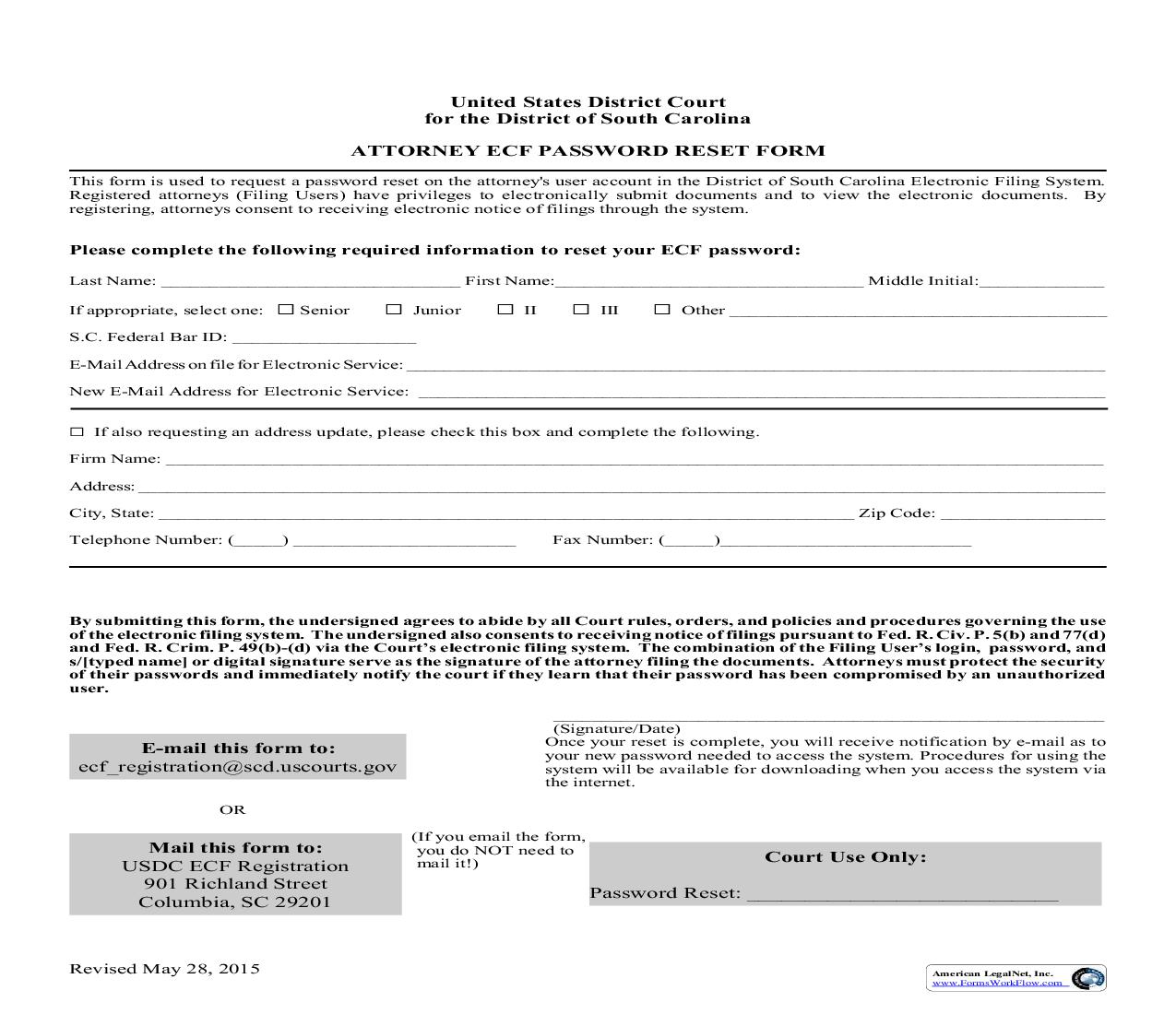 Attorney ECF Password Reset Form | Pdf Fpdf Doc Docx | South Carolina
