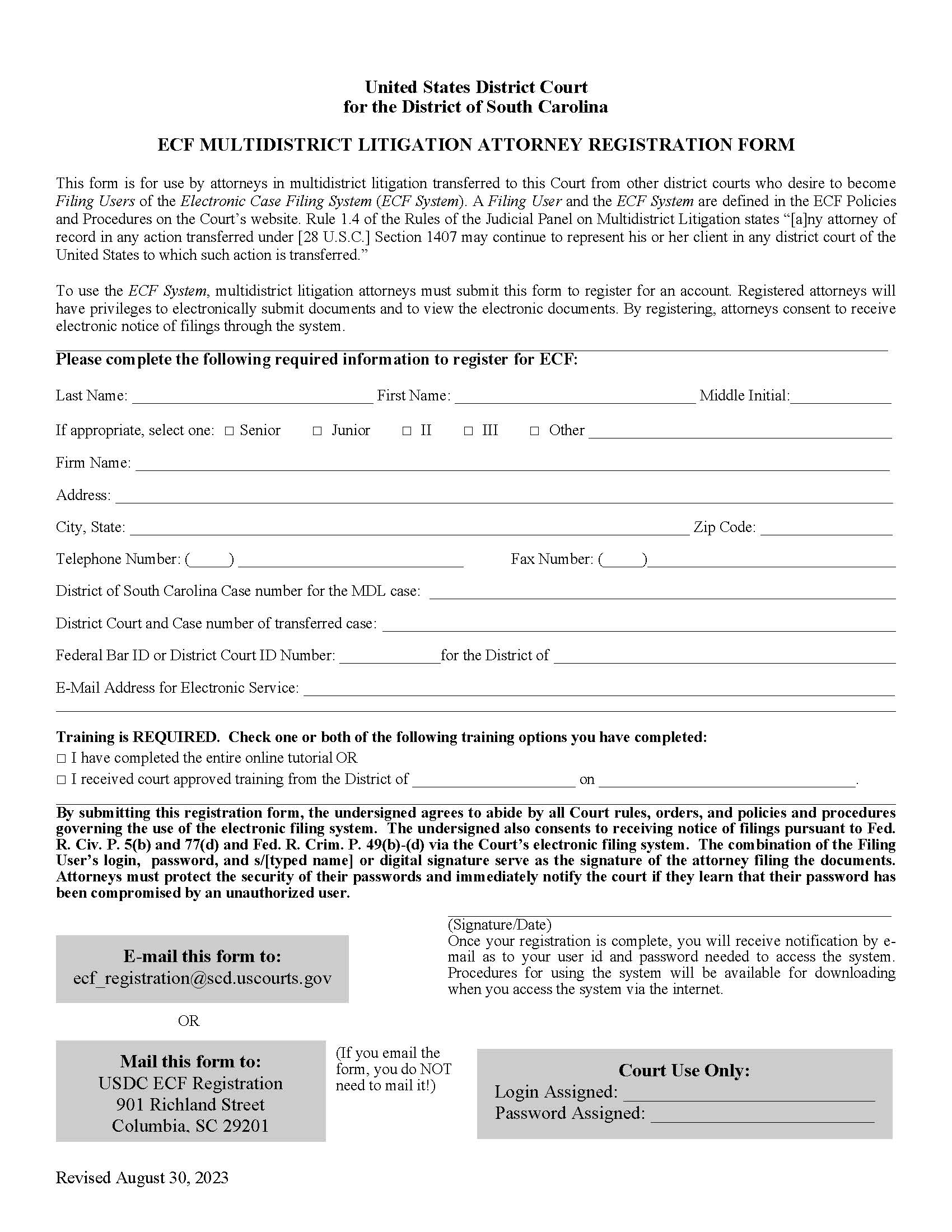 ECF Multidistrict Litigation Attorney Registration Form | Pdf Fpdf Doc Docx | South Carolina