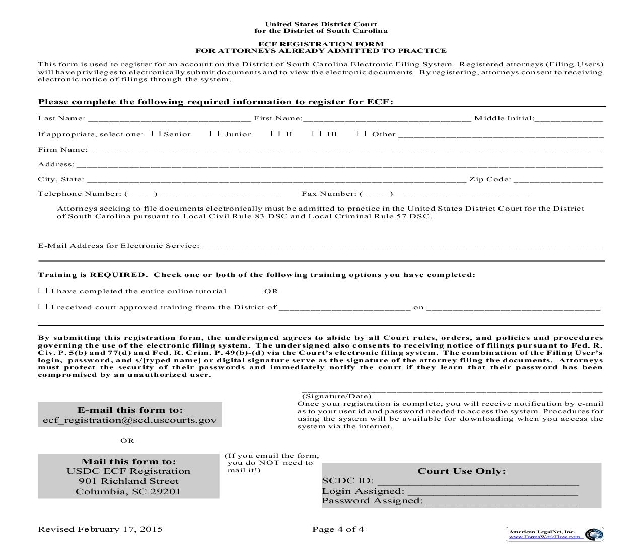 ECF Registration Form For Attorneys Already Admitted To Practice | Pdf Fpdf Doc Docx | South Carolina